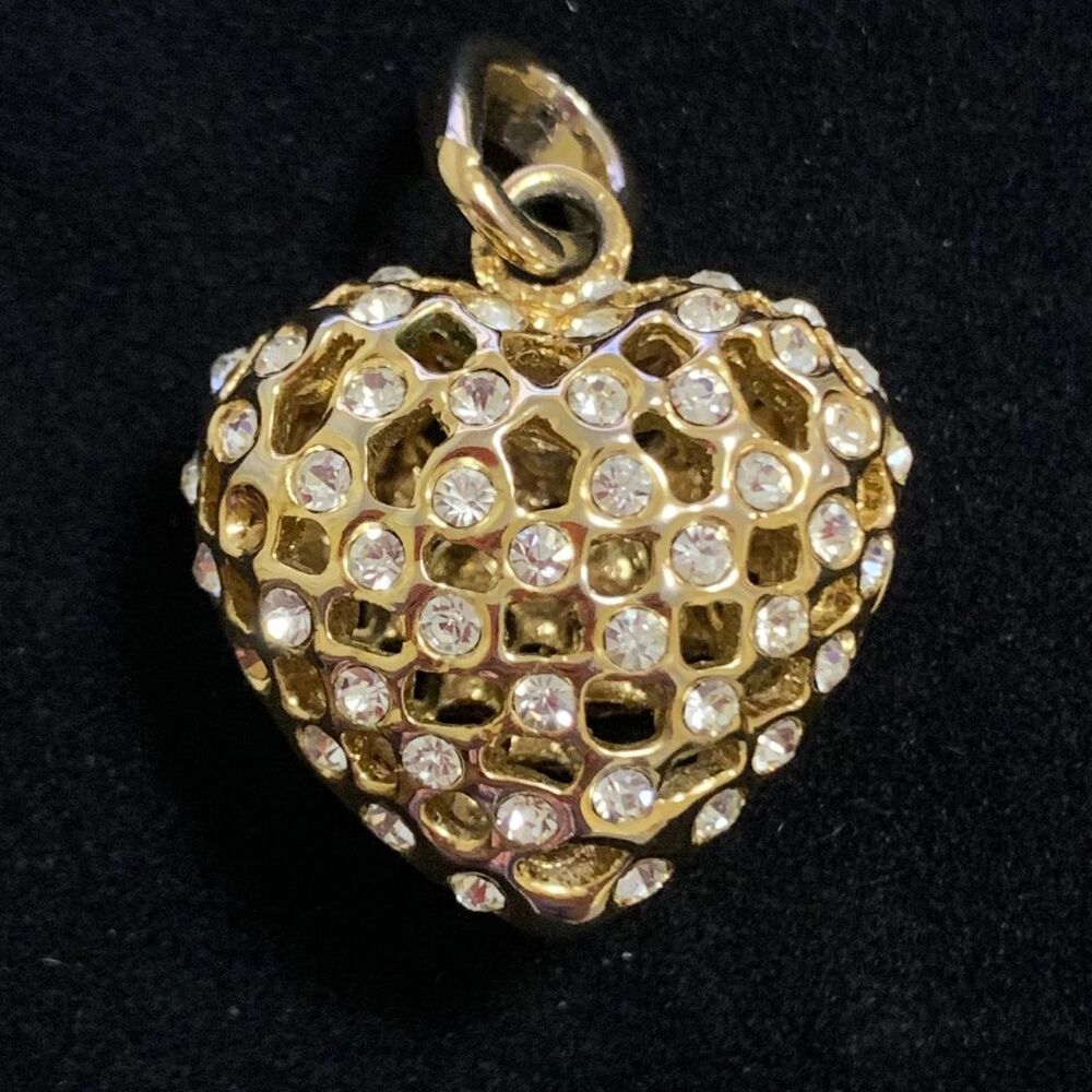 3-D - Sparkling Bling Rhinestone Heart Pendant - Gold Tone